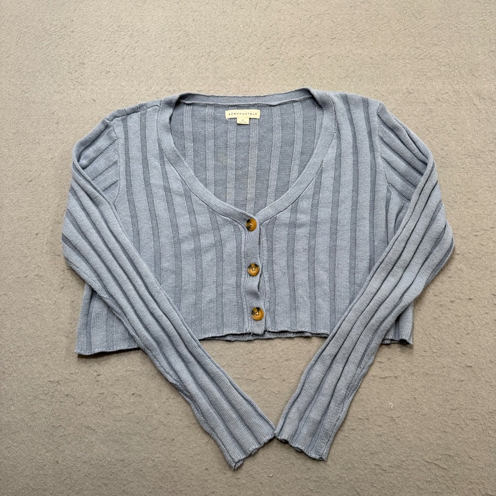 Aeropostale Cardigan Women's Medium Blue Ribbed Knit V-Neck Cropped Button Front
